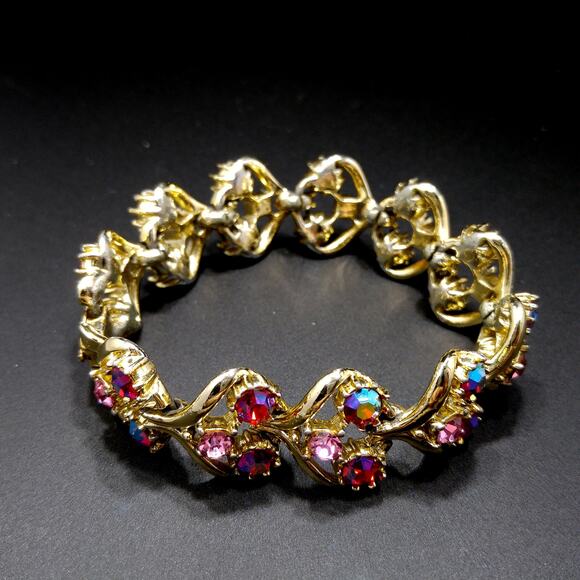 Vintage 1960s Red AB & Pink Rhinestone Bracelet, Gold Tone Links - Picture 6 of 10